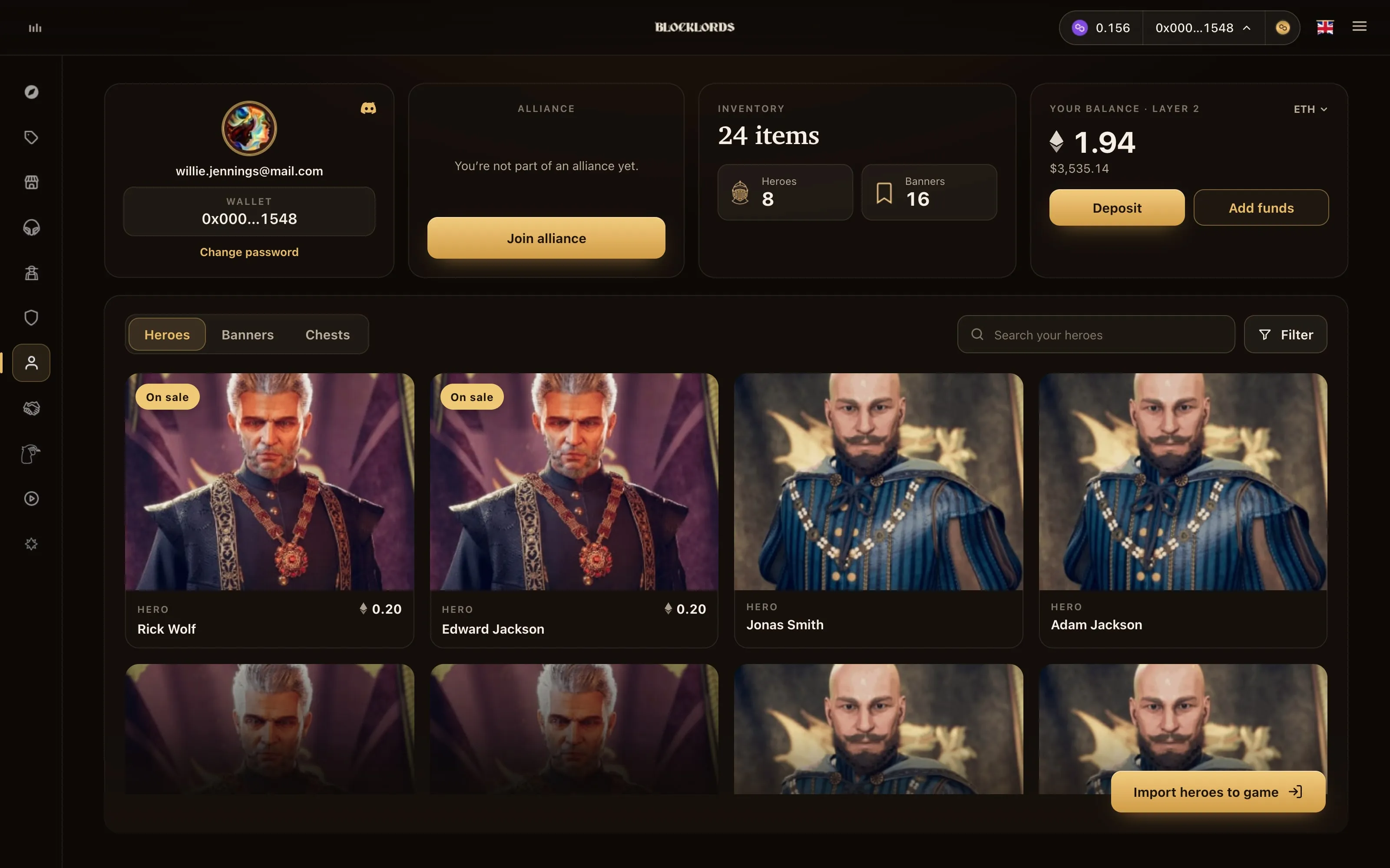Blocklords account page: profile with email and wallet number, an alliance card with Join alliance, inventory counts for heroes and banners, a balance of 1.94 ETH with its dollar value and Deposit and Add funds buttons, then the player’s heroes with two marked On sale and an Import heroes to game button.