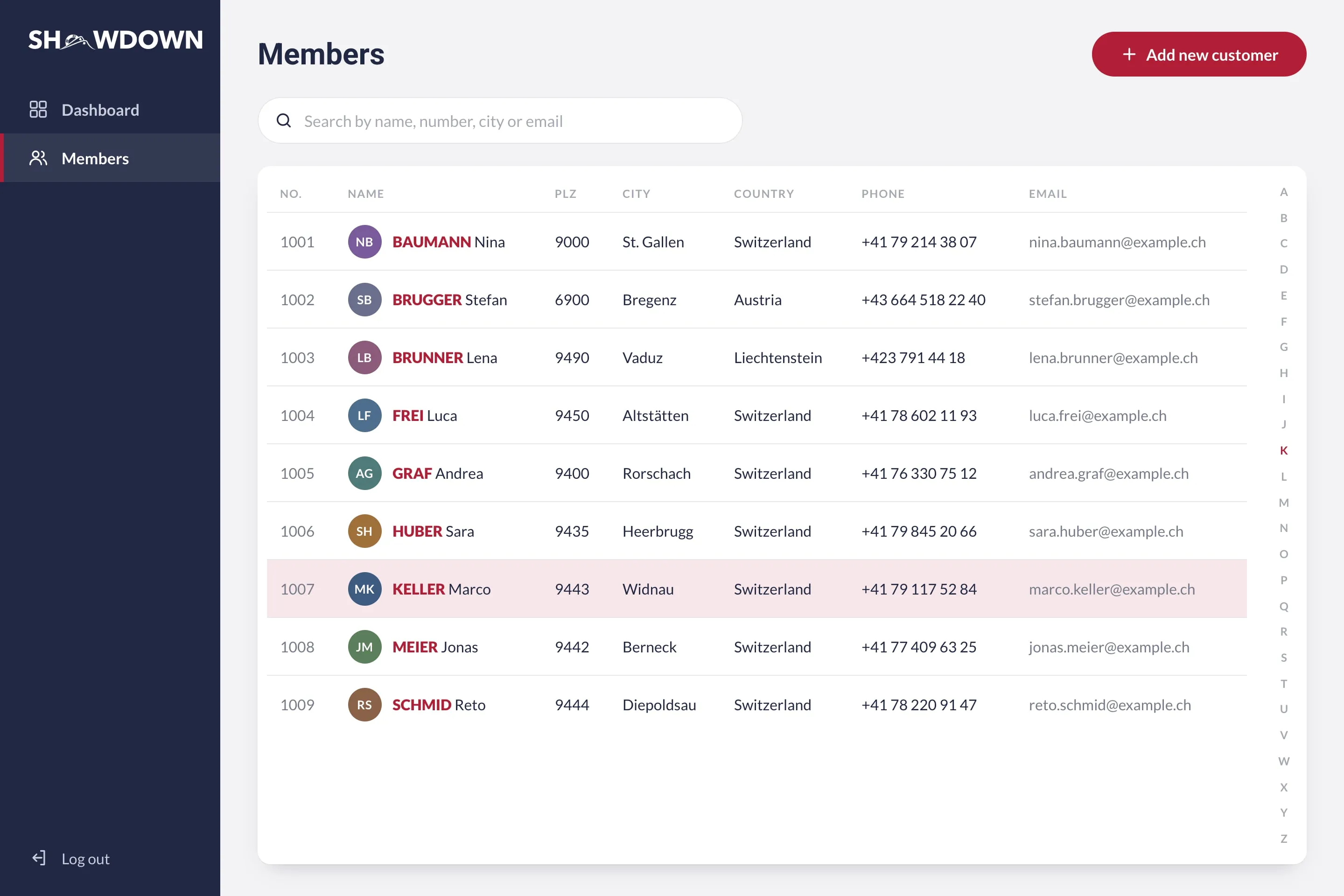 Admin panel member list with search, an Add new customer button, columns for number, name, postcode, city, country, phone and email, and an A to Z index.