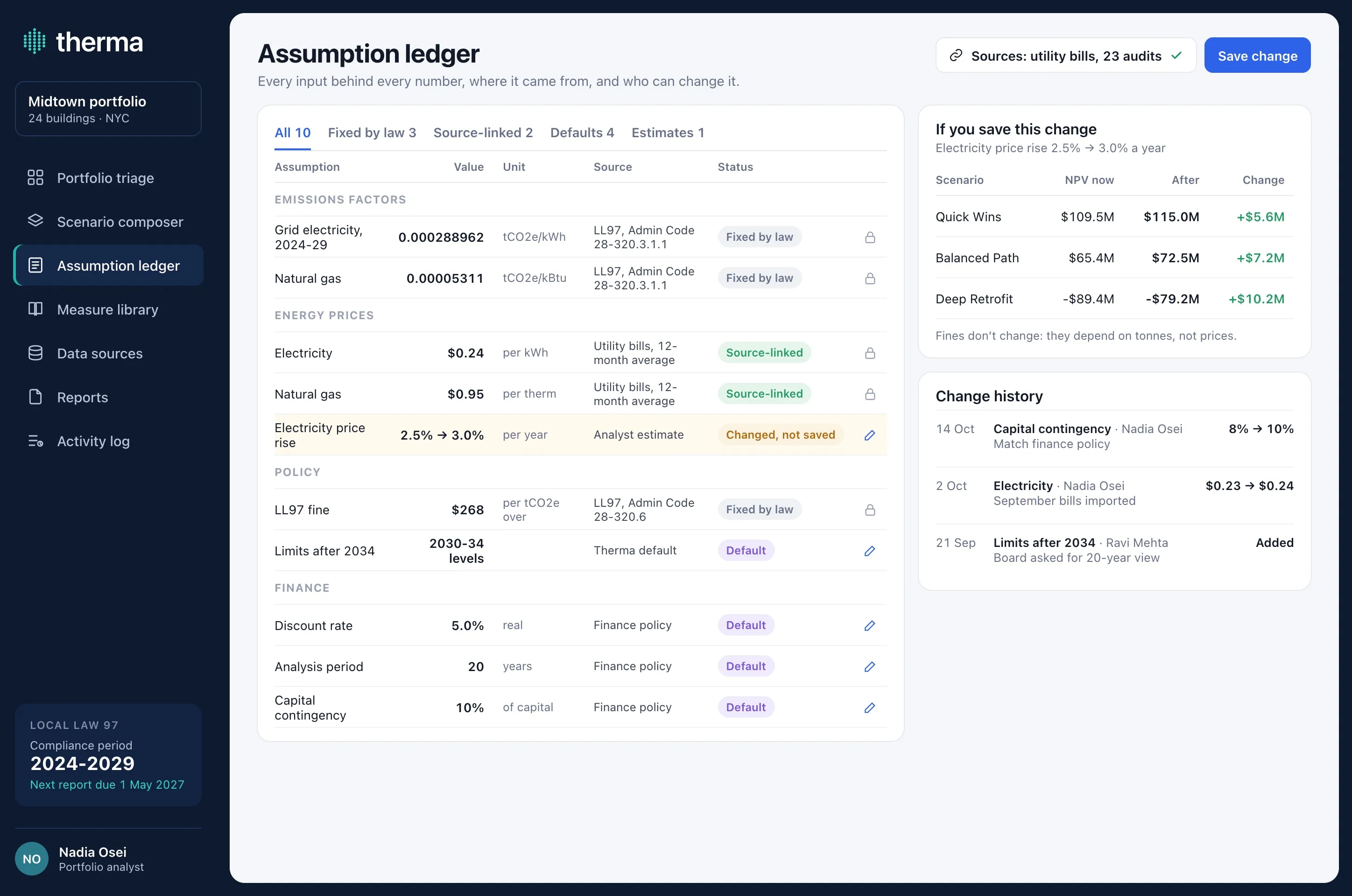 Assumption ledger with emissions factors and the fine fixed by law, energy prices from utility bills, finance defaults, a pending change to the electricity price rise, its effect on the NPV of three scenarios, and a change history.