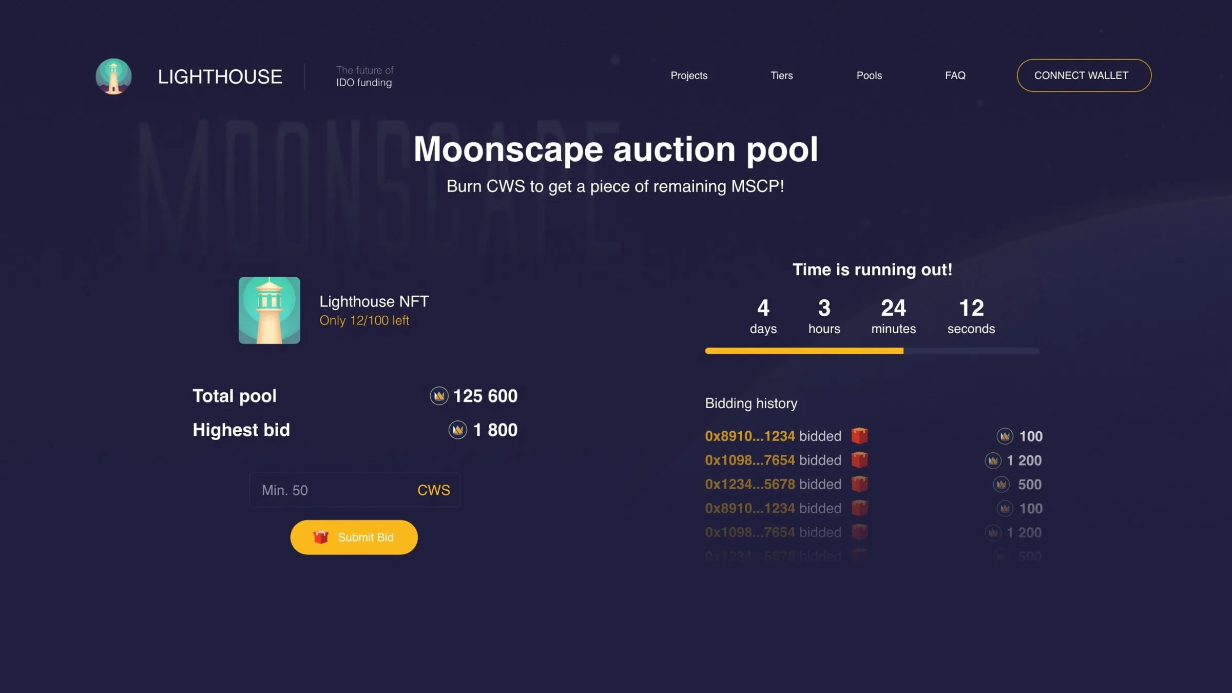 Moonscape auction pool: burn CWS to get a piece of the remaining MSCP, total pool 125,600, highest bid 1,800, a countdown, a bid field with a minimum of 50 CWS and the bidding history.