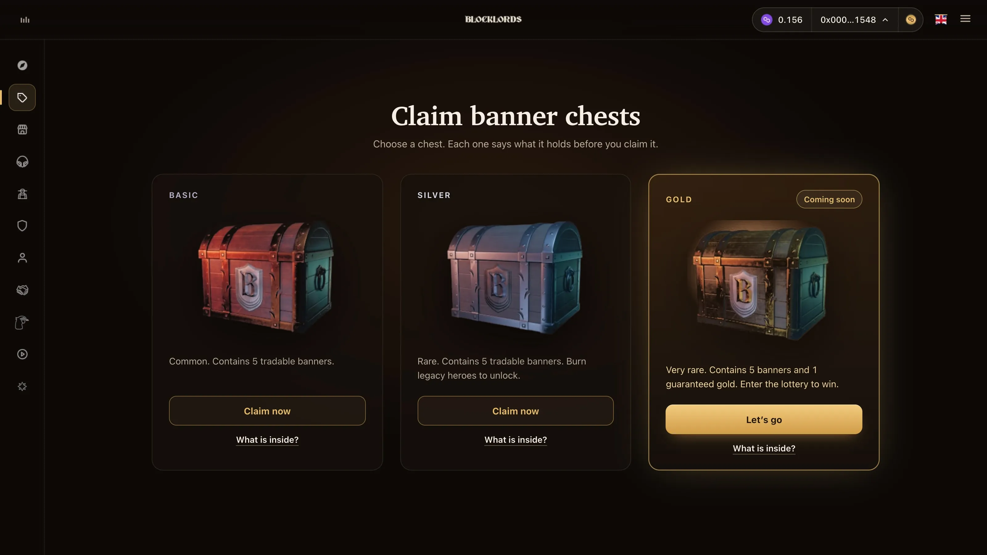 Claim banner chests page with basic, silver and gold chests; each card states its rarity and contents, and the gold chest is marked Coming soon.