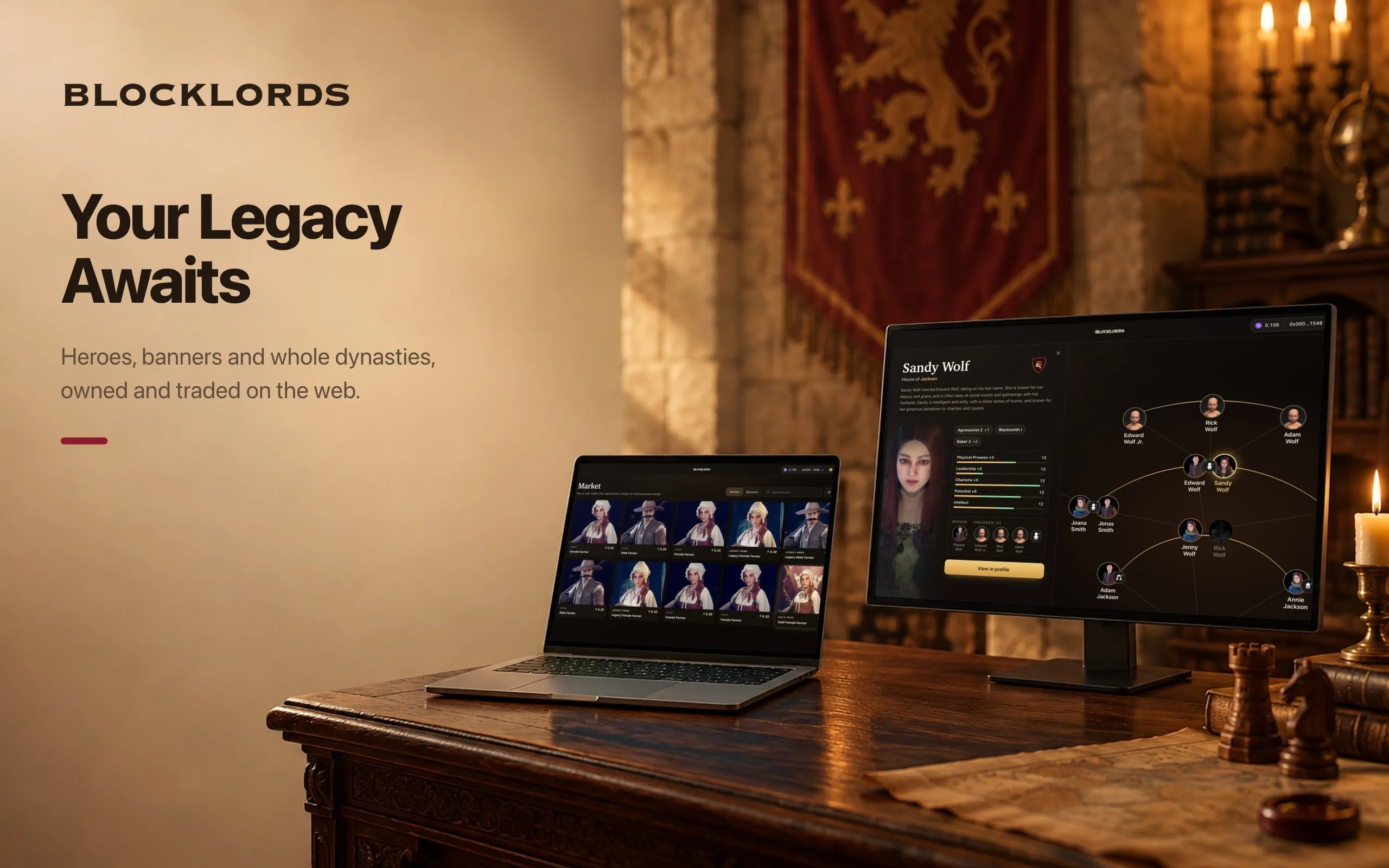Blocklords on a laptop and a monitor in a candlelit room, showing the hero market and a dynasty tree, beside the headline "Your Legacy Awaits".