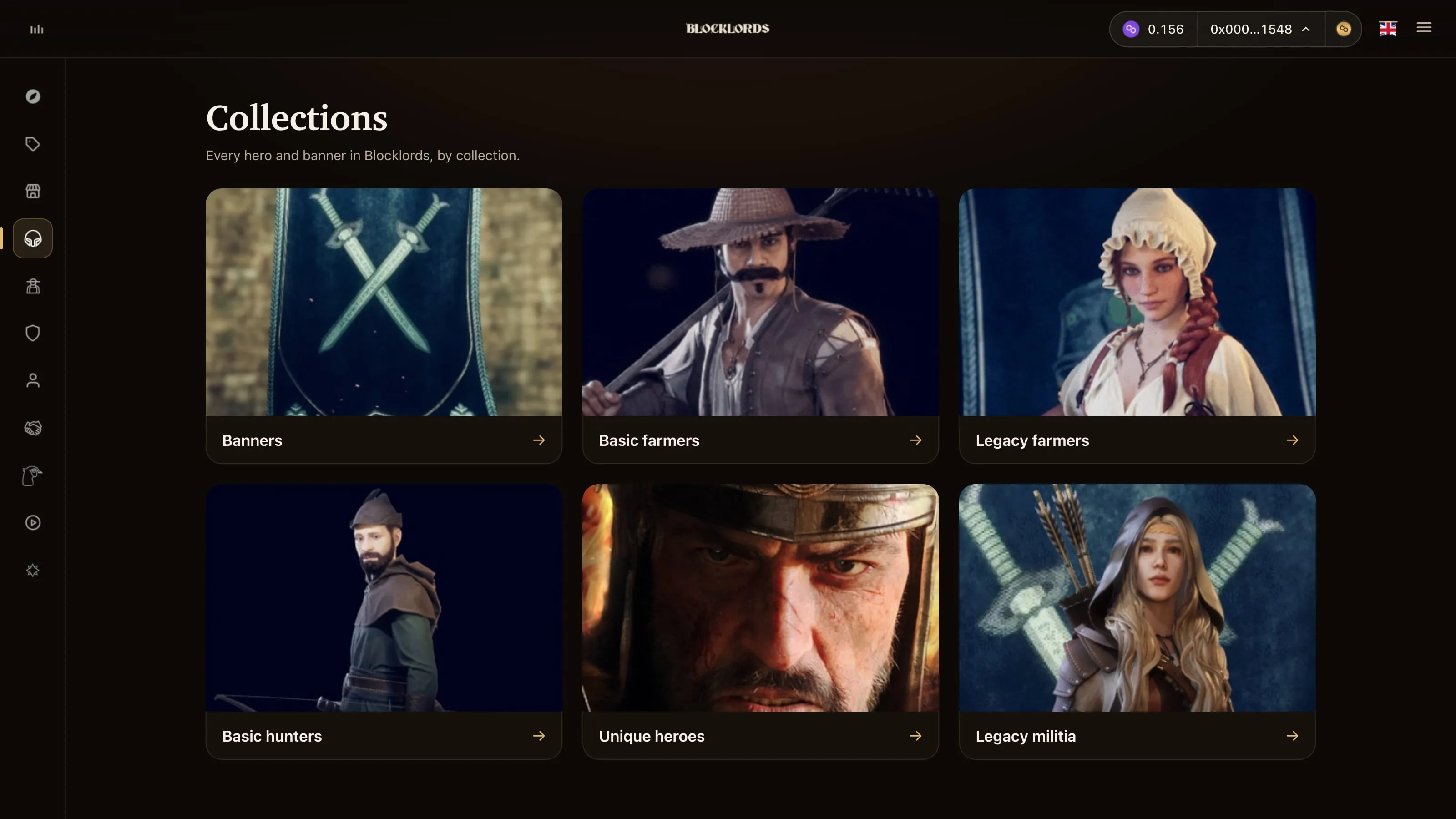 Blocklords collections grid: banners, basic farmers, legacy farmers, basic hunters, unique heroes and legacy militia.