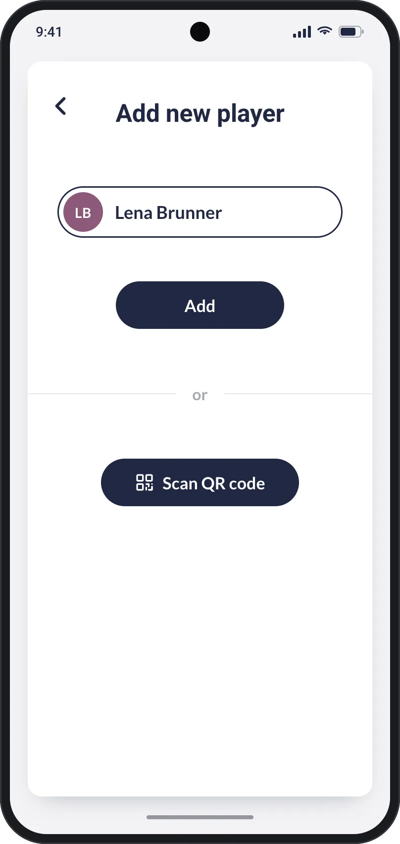 Dealer app "Add new player" screen: Lena Brunner chosen in the name field, an Add button, and below "or" a Scan QR code button.