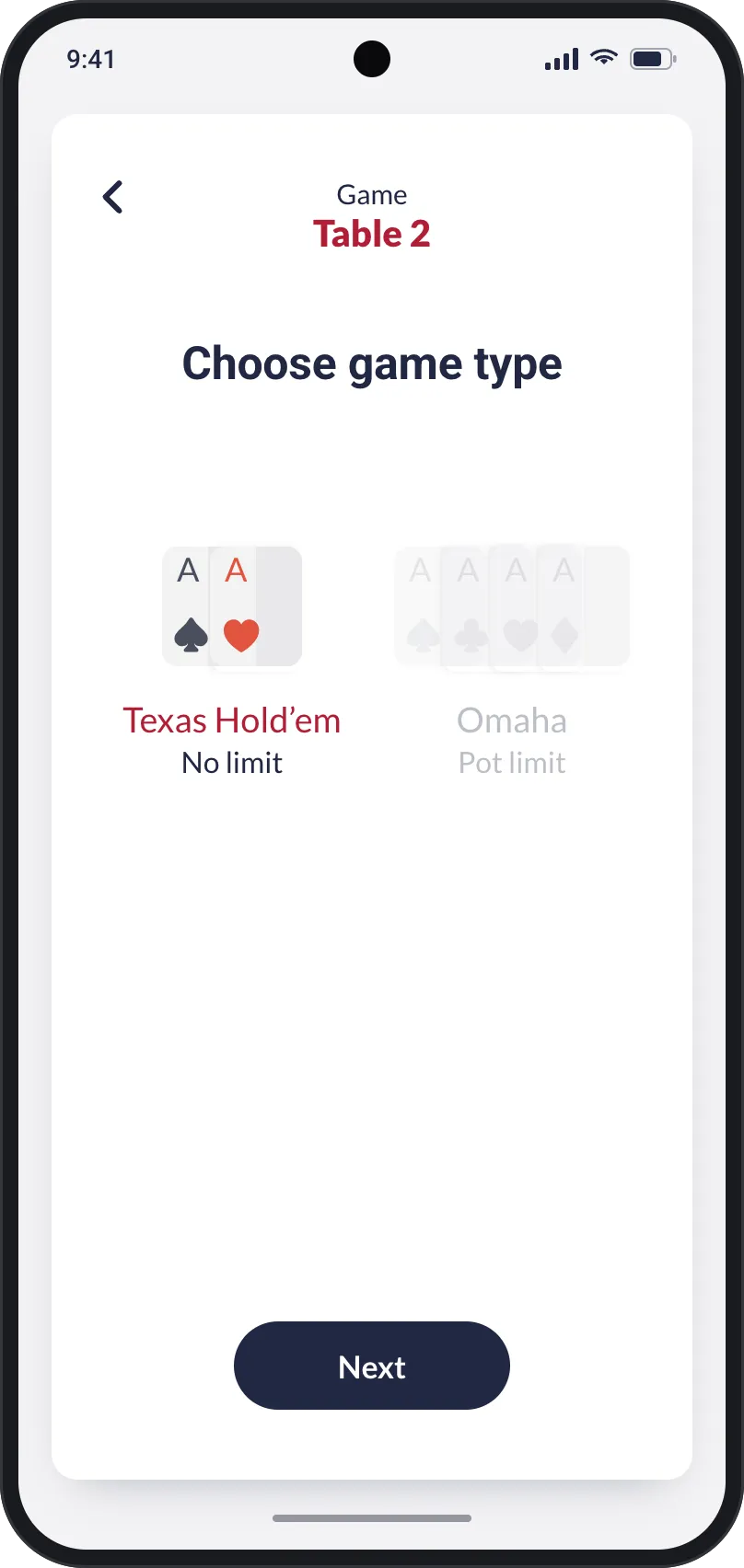Dealer app step "Choose game type" for Table 2: Texas Hold’em, no limit, selected, Omaha, pot limit, greyed out, and a Next button.