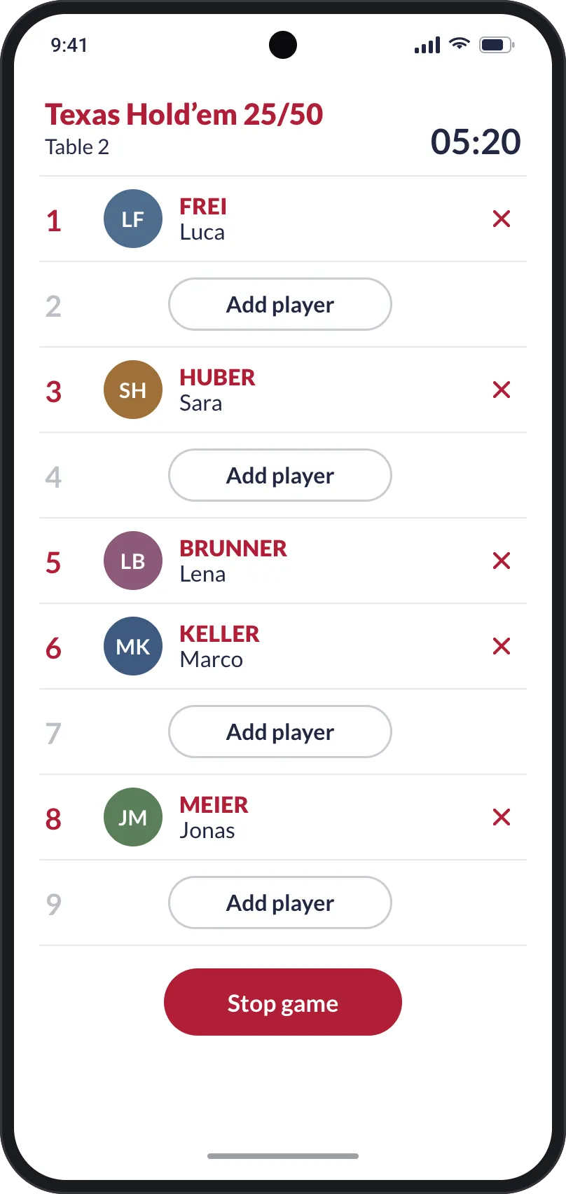 Dealer app running game: Texas Hold’em 25/50 on Table 2, a 05:20 timer, seats 1 to 9 with five players and four Add player buttons, and Stop game.