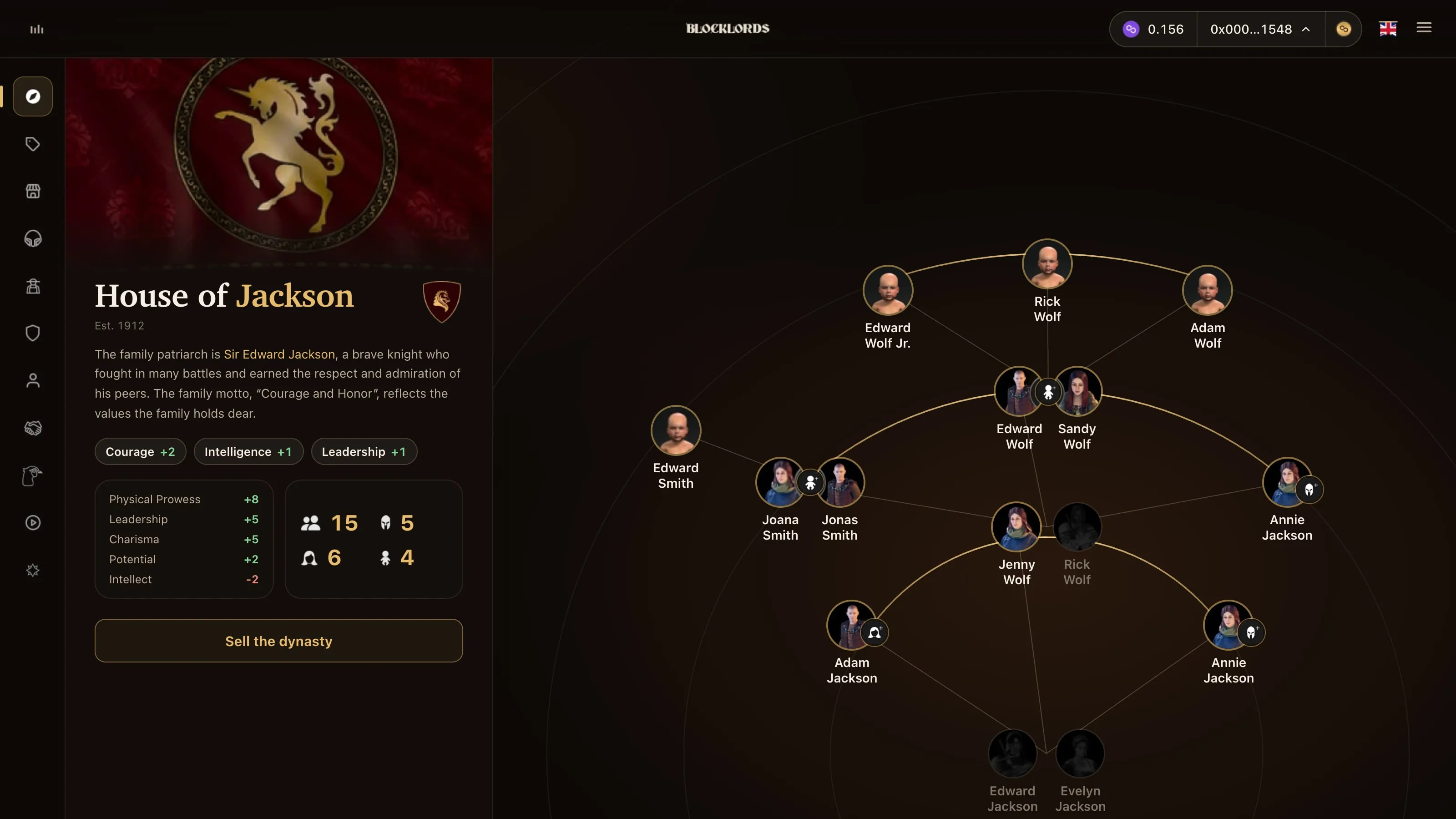 House of Jackson panel with crest, story, house traits Courage +2, Intelligence +1 and Leadership +1, stats and member counts, and a Sell the dynasty button, beside a radial family tree with action badges on several nodes.