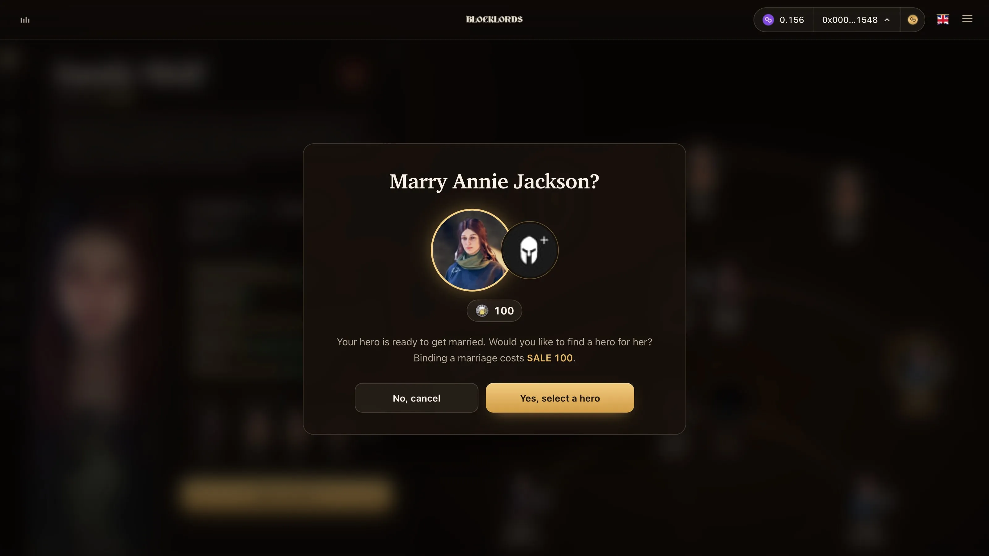 Modal asking Marry Annie Jackson? with her portrait, an empty partner slot, a cost of 100, and the line Binding a marriage costs $ALE 100, above No, cancel and Yes, select a hero.