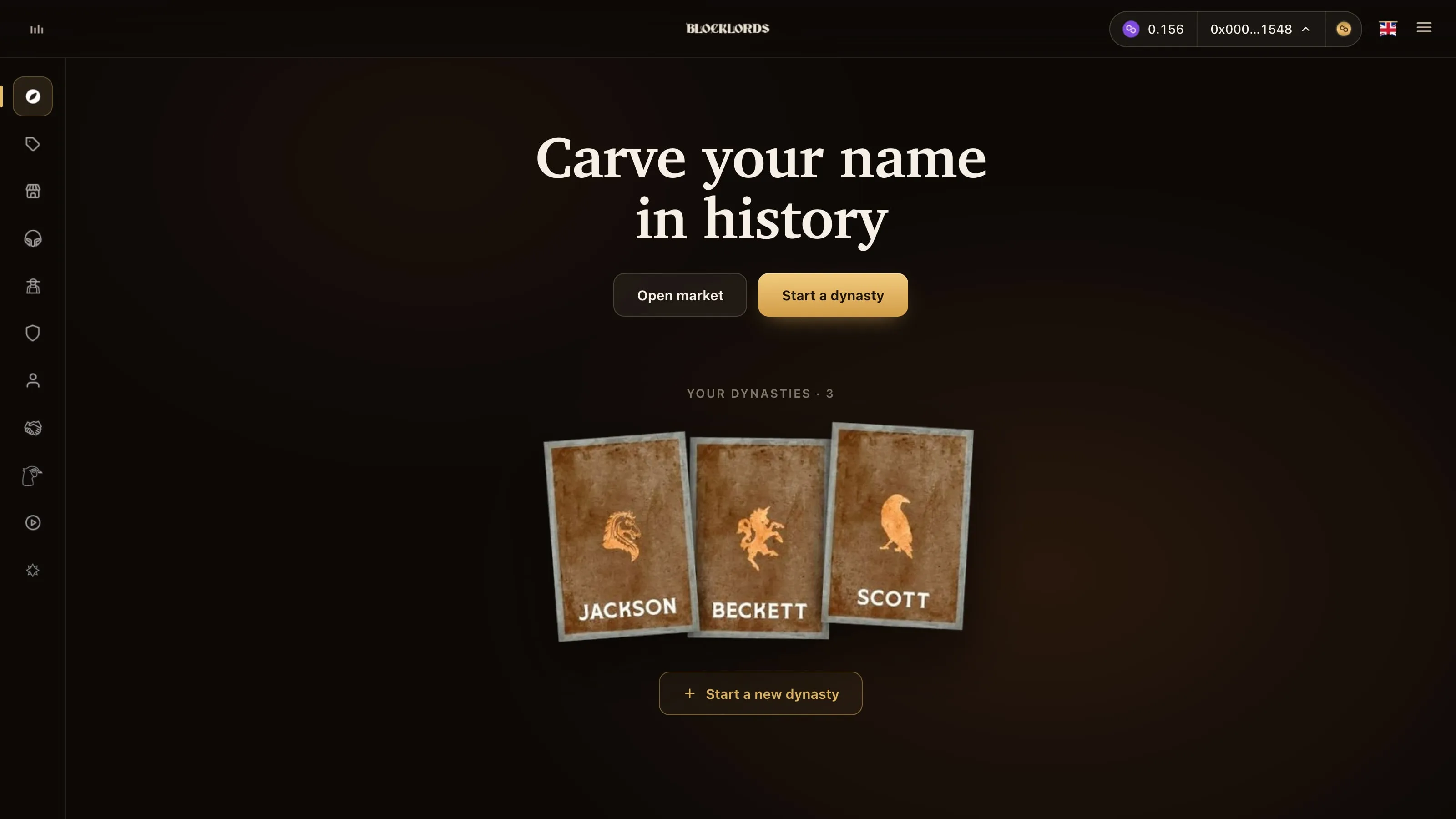 Dynasty start page: the line Carve your name in history, Open market and Start a dynasty, then the player’s three dynasties as crest cards (Jackson, Beckett, Scott) and Start a new dynasty.