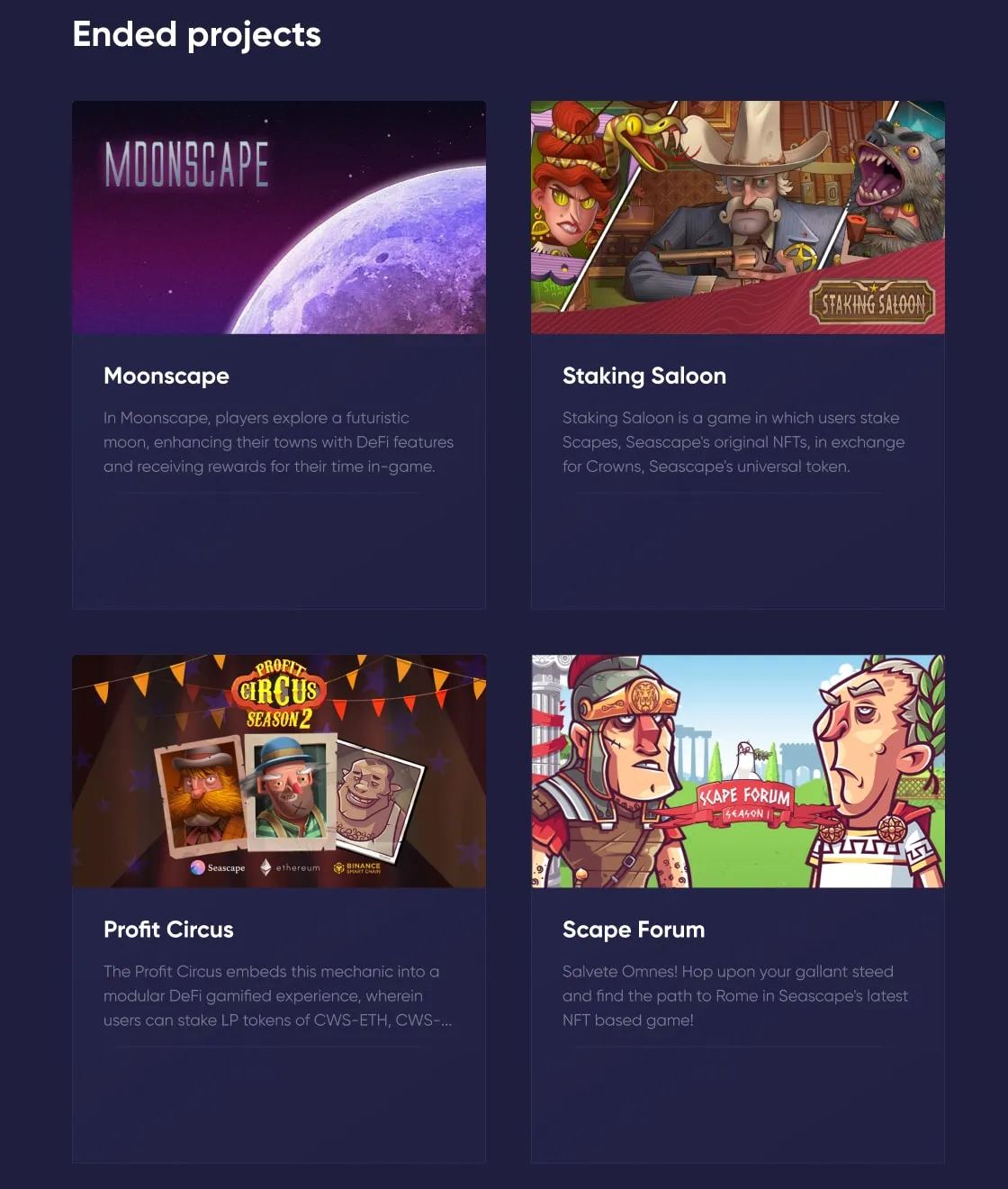 Ended projects: Moonscape, Staking Saloon, Profit Circus Season 2 and Scape Forum, each with artwork and a short description.