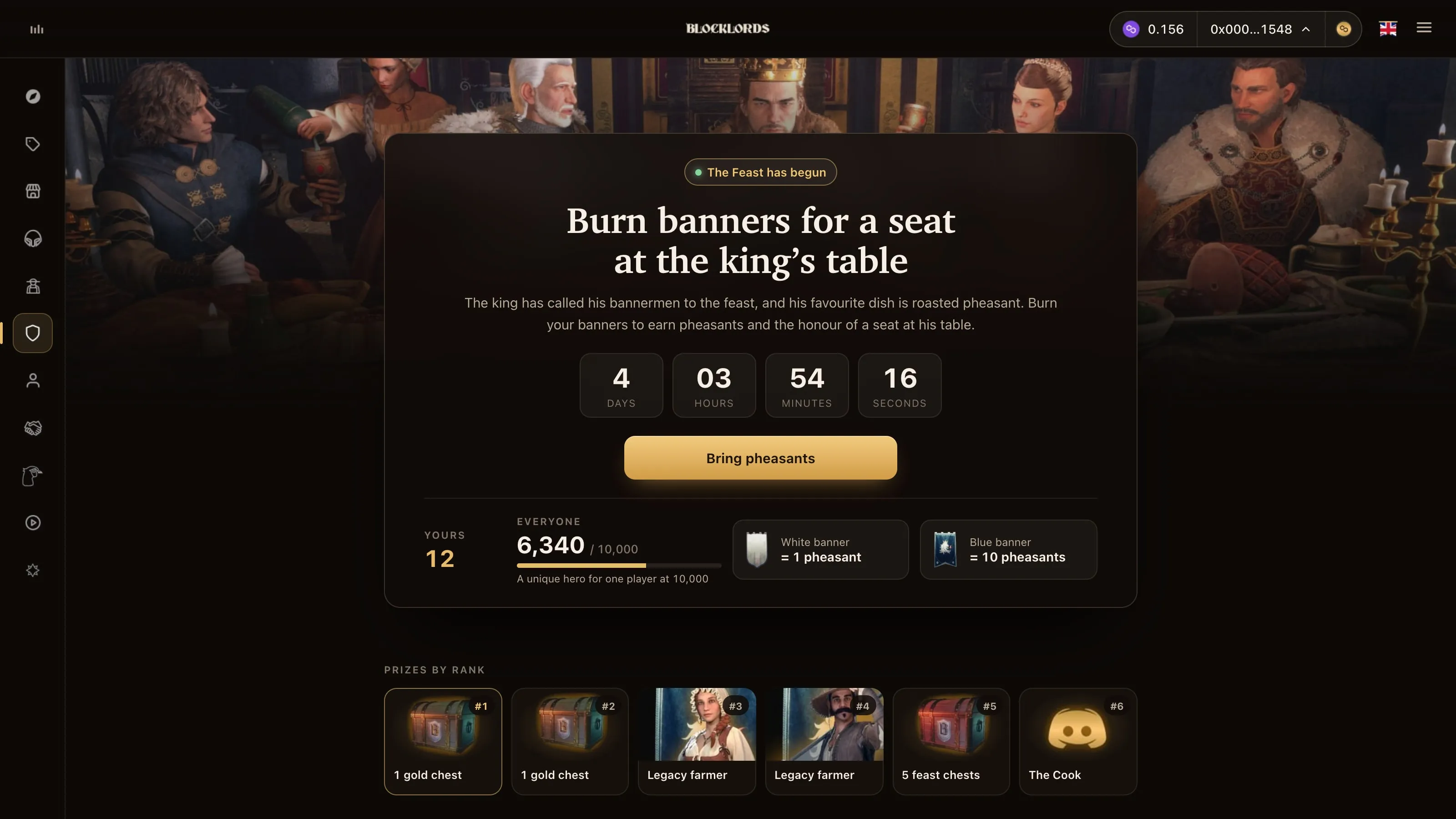 Feast event page: a card over the feast scene with a countdown, a Bring pheasants button, the player’s 12 pheasants beside everyone’s 6,340 of 10,000, the exchange rates for white and blue banners, and six prizes by rank.