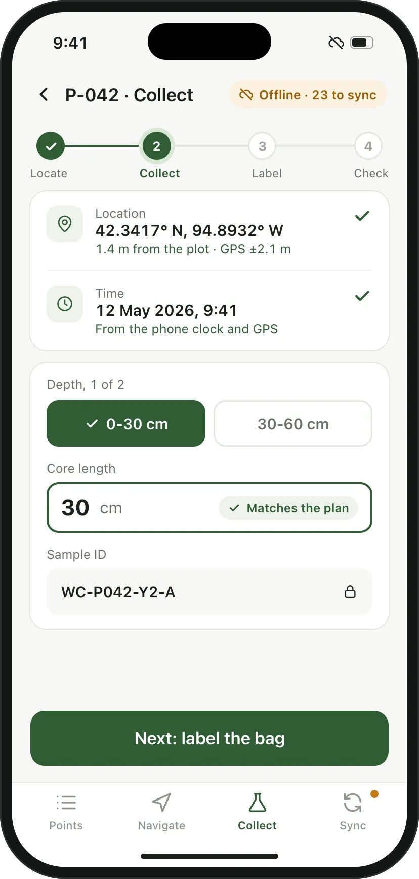 Phone collecting the 0-30 cm core at P-042: location 1.4 m from the plot, time captured, core length 30 cm matching the plan, and the sample ID.