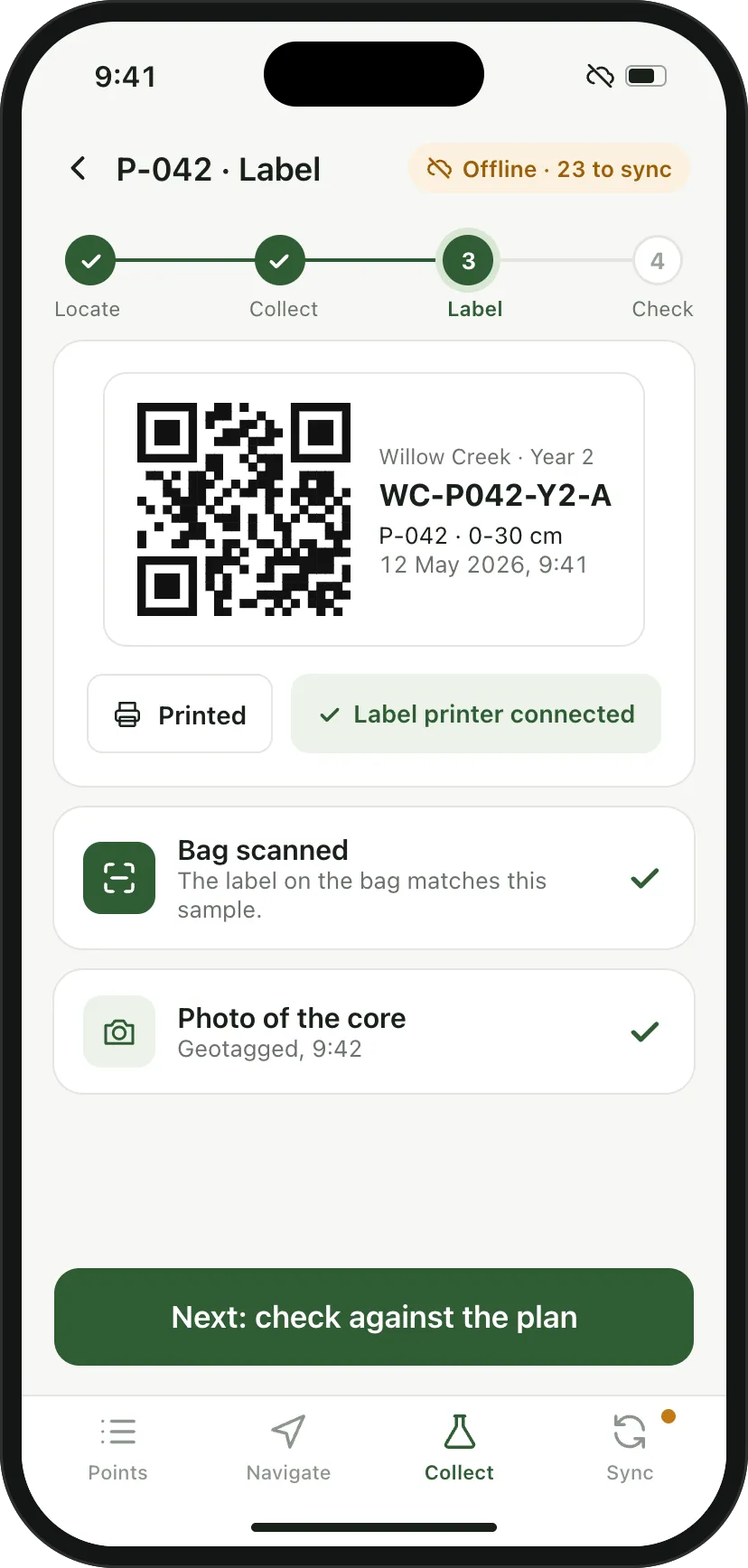 Phone label step: a printed QR label for sample WC-P042-Y2-A, the bag scanned to match, and a geotagged photo of the core.