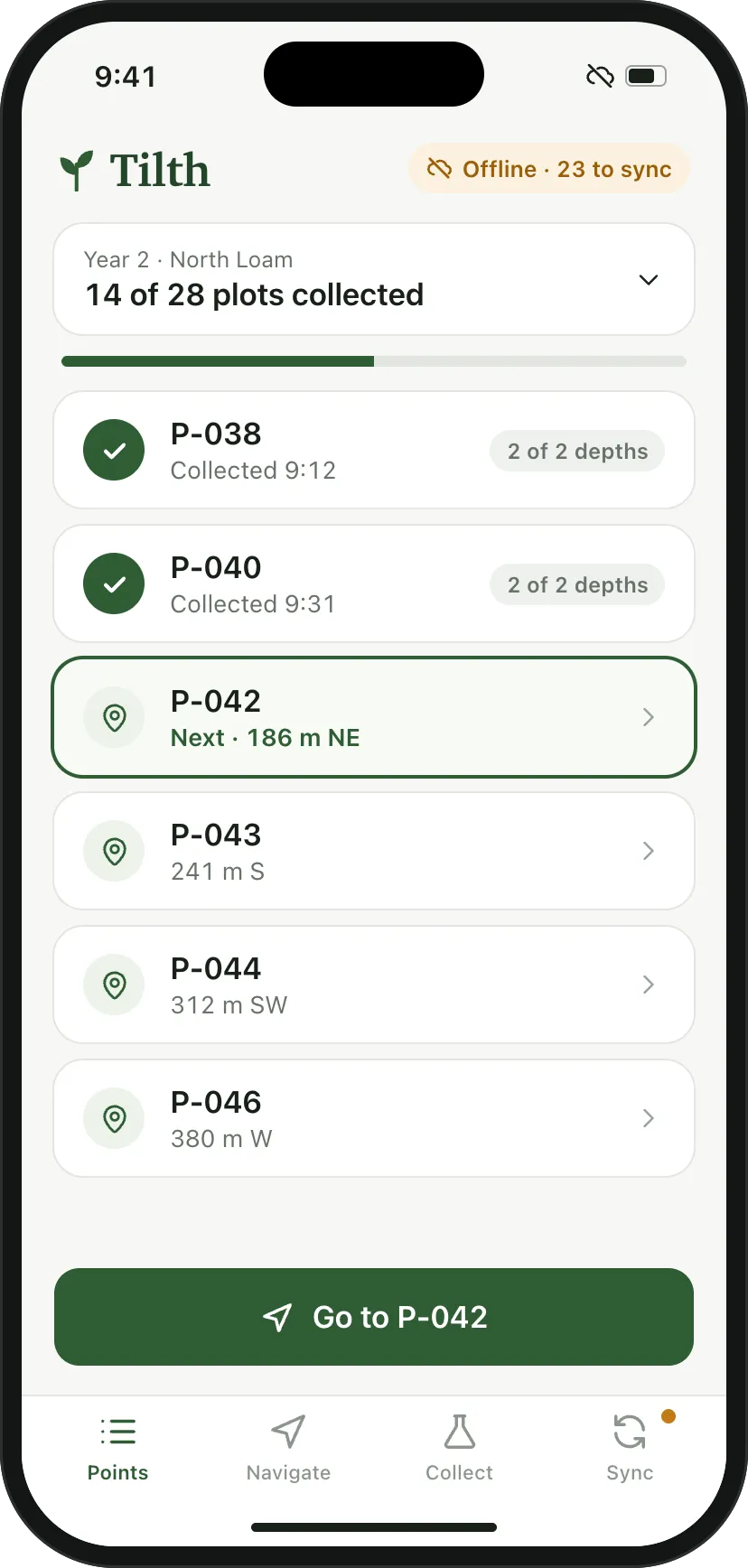 Phone, offline, listing North Loam plots for Year 2: 14 of 28 collected, P-042 next.