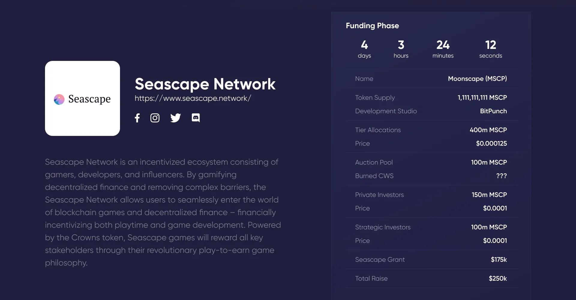 Moonscape project page: SeaScape Network as the studio, and a funding phase panel with a countdown, token supply, tier allocations of 400m MSCP at $0.000125, a 100m auction pool, private and strategic investors at $0.0001, a $175k grant and a $250k total raise.