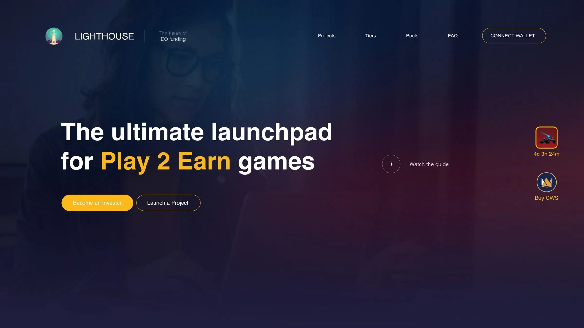 Lighthouse landing page: "The ultimate launchpad for Play 2 Earn games" with separate actions for investors and for launching a project.