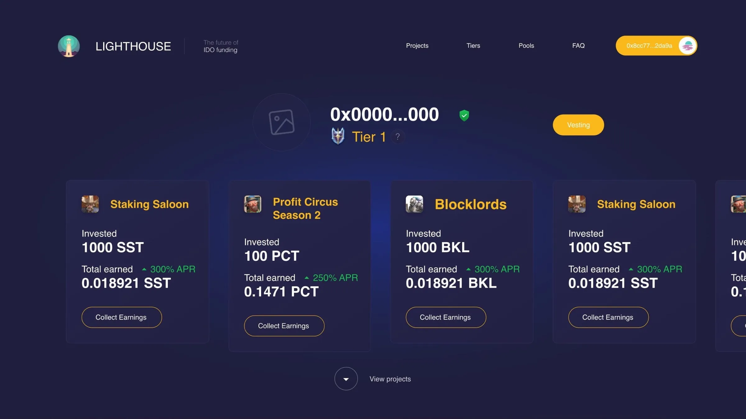 Investor profile with tier, vesting, and one card per project showing invested amount, APR, earnings and Collect Earnings.