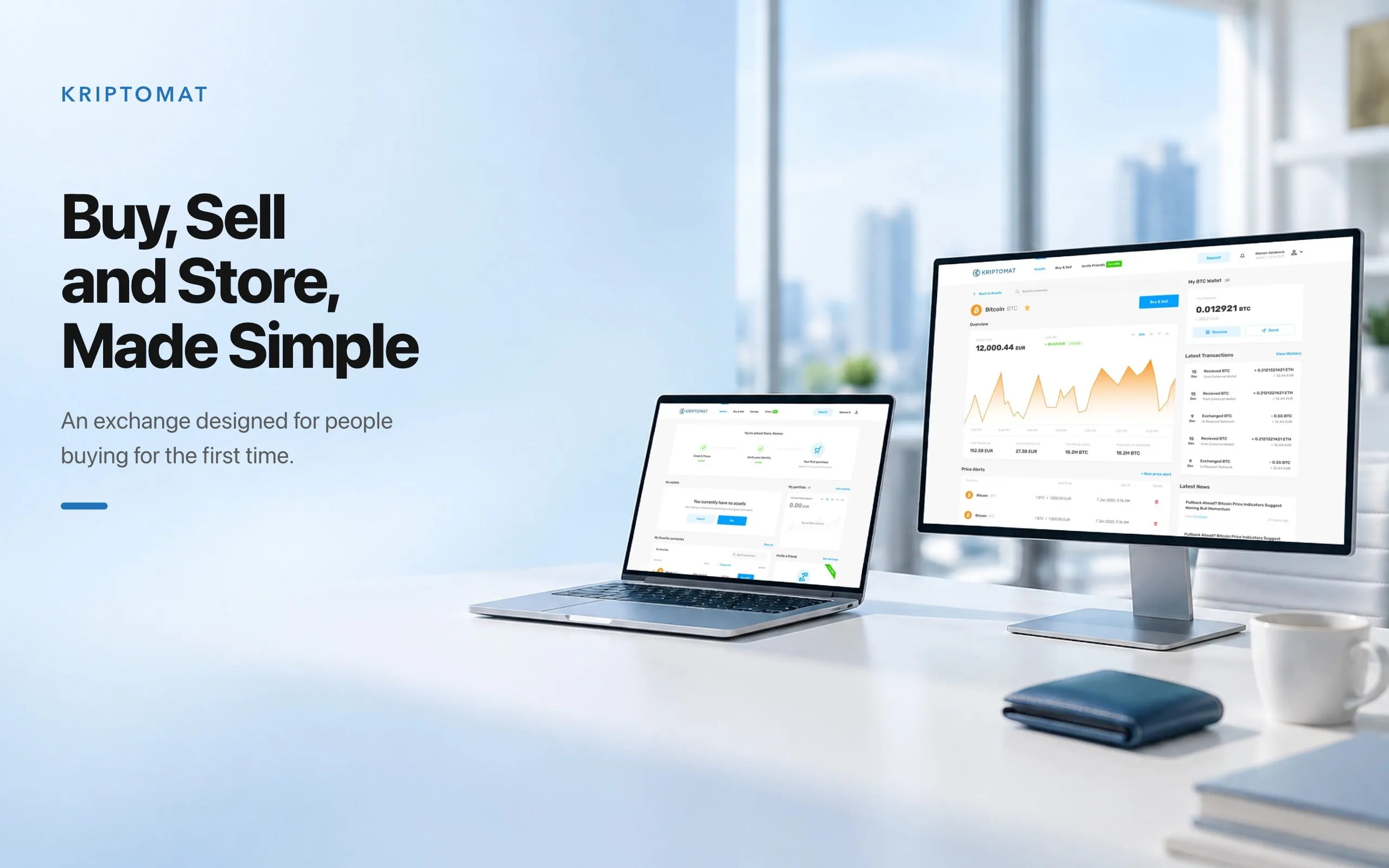 Kriptomat on a laptop and a monitor, showing the wallets page and a Bitcoin wallet, beside the headline "Buy, Sell and Store, Made Simple".