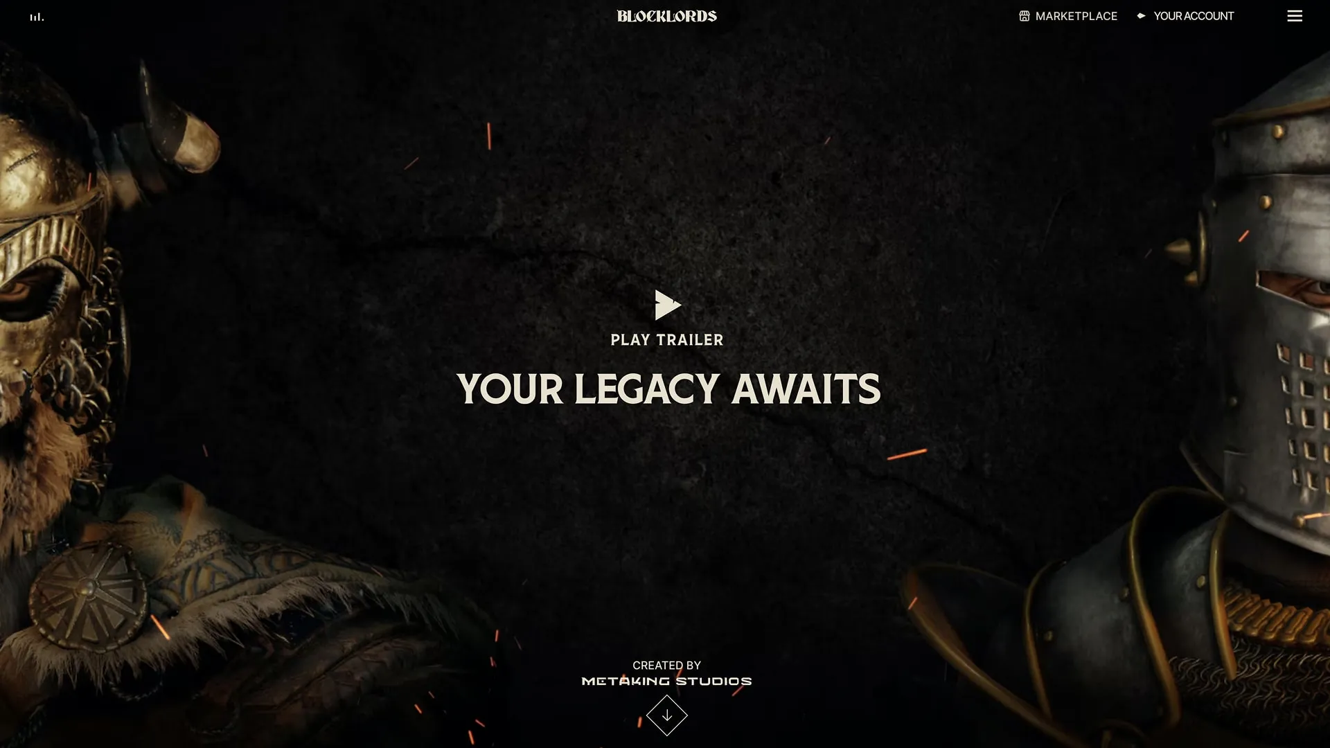 Blocklords logged-out landing page: two armored heroes framing a Play trailer button and the line Your legacy awaits, with Marketplace and Your account in the header.