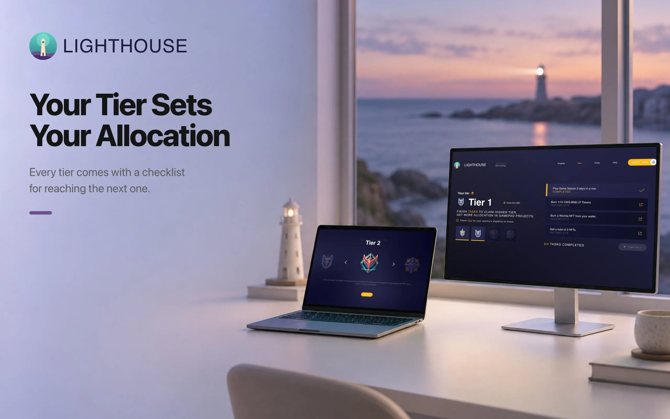 Lighthouse on a laptop and a monitor by a window over the sea, showing the tier overview and tier tasks, beside the headline "Your Tier Sets Your Allocation".