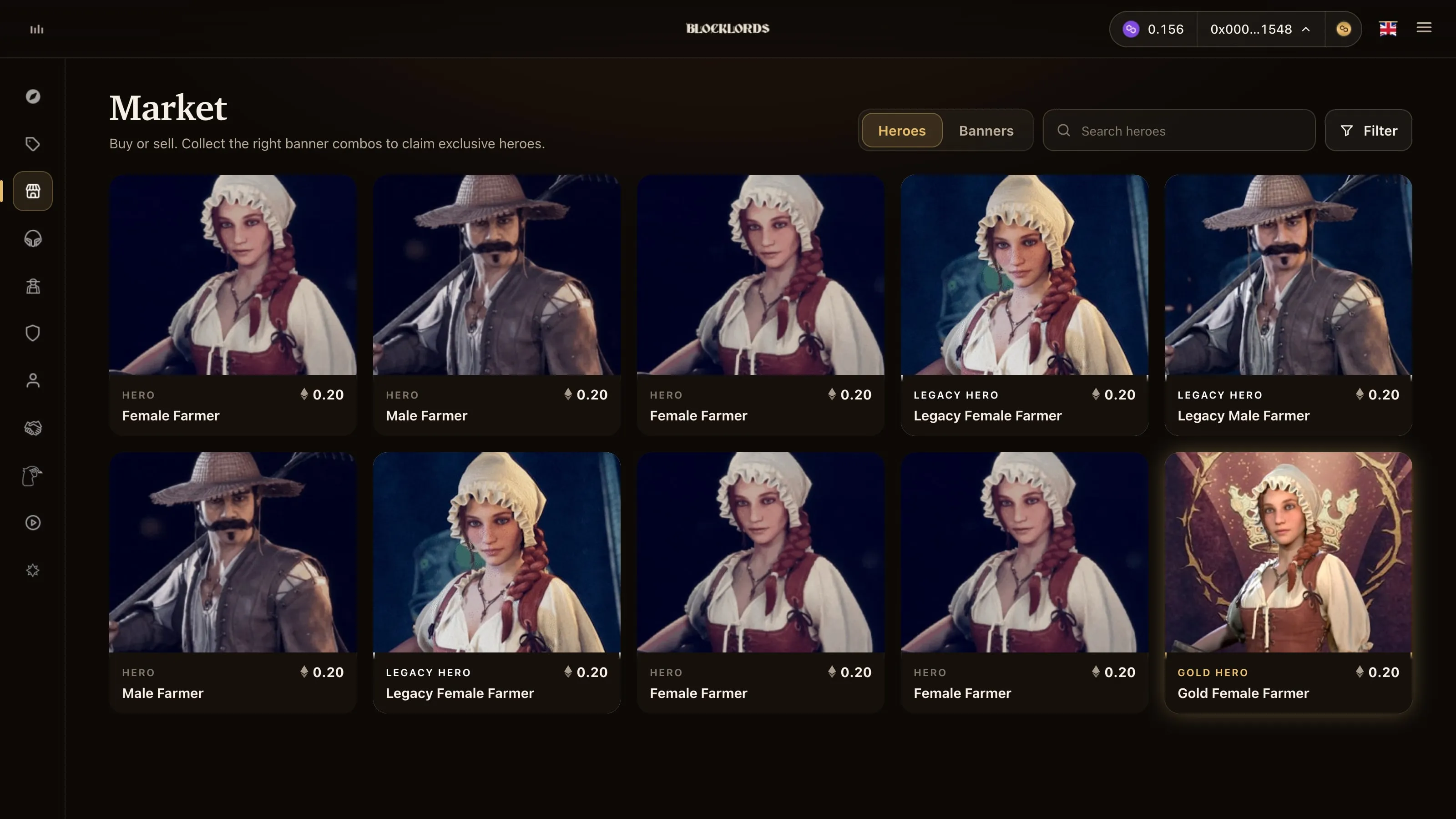 Blocklords market with Heroes and Banners tabs, search, filter and a five-column grid of farmer heroes priced at 0.20 ETH; legacy cards have a white border and the Gold Female Farmer card a gold border.
