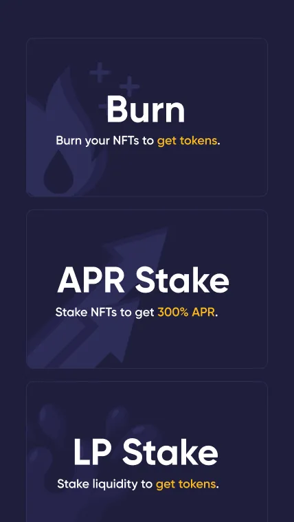 Mobile pool page: three ways to earn, Burn your NFTs to get tokens, APR Stake to stake NFTs for 300% APR, and LP Stake to stake liquidity.