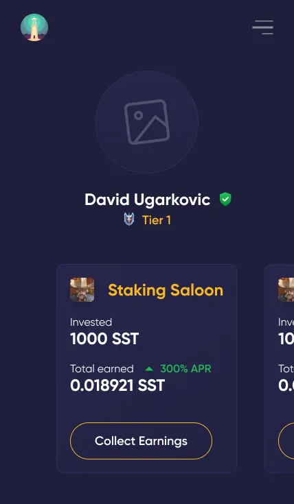 Mobile profile: wallet with verified badge, Tier 1, a Staking Saloon card with invested amount, APR, earnings and Collect Earnings.