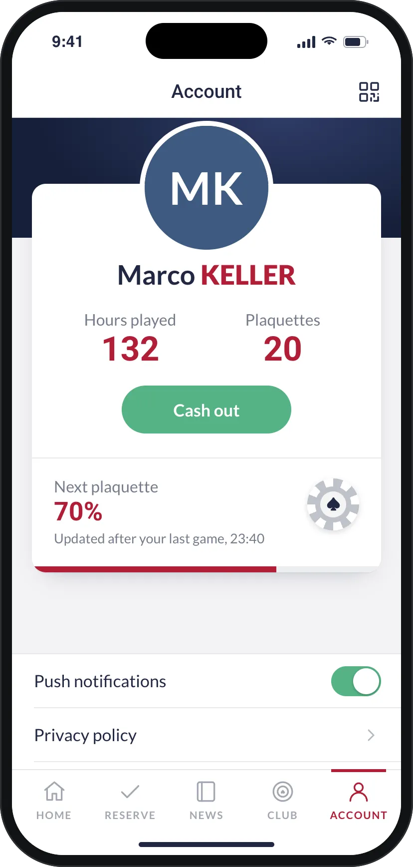 Player app Account screen for Marco Keller: 132 hours played and 20 plaquettes side by side, a green Cash out button, and progress to the next plaquette at 70%.