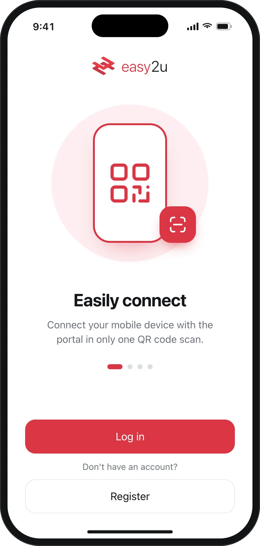 Phone onboarding card titled "Easily connect": a phone with a QR code, the line "Connect your mobile device with the portal in only one QR code scan", and Log in and Register buttons.
