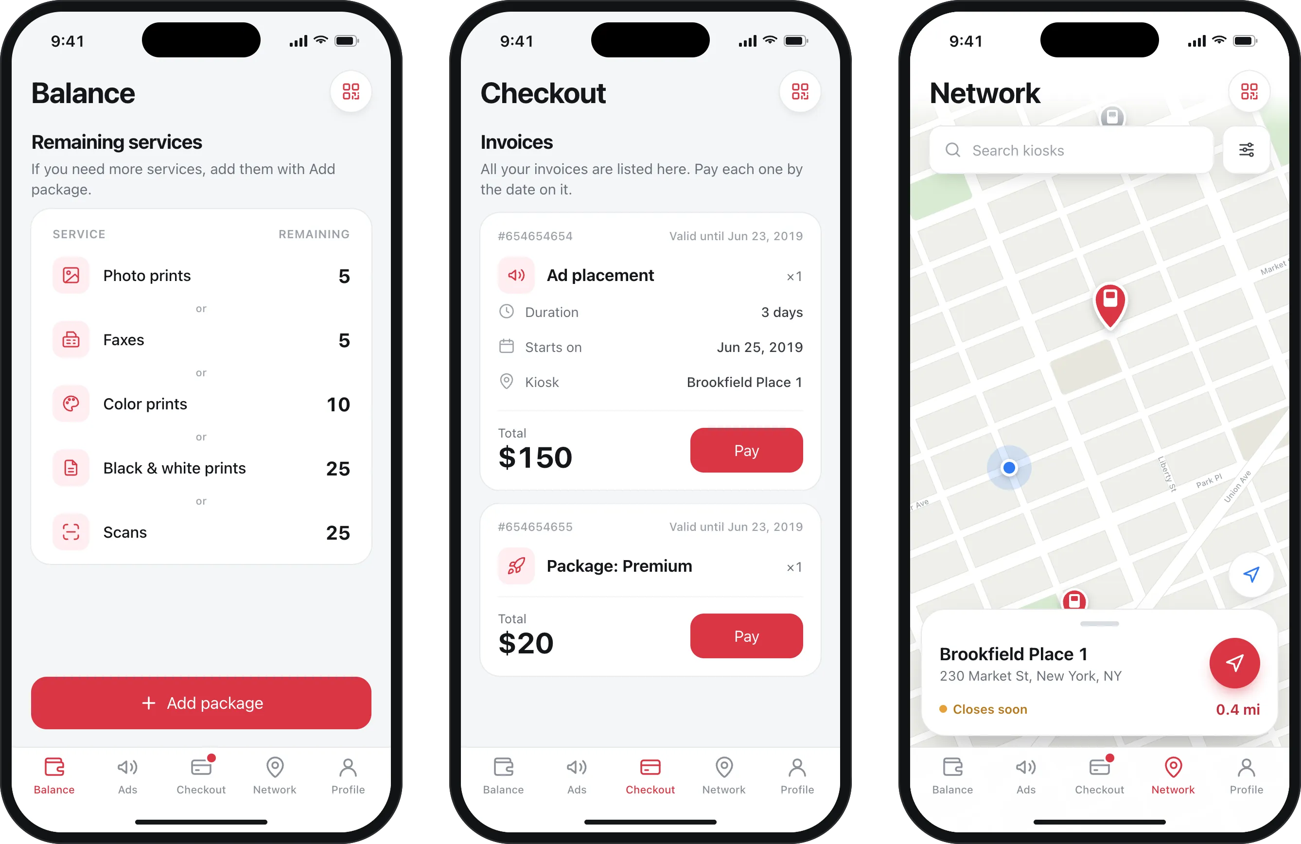 Three phone screens: remaining services with Add package, two invoices with Pay buttons, and a map of nearby kiosks with a kiosk card.
