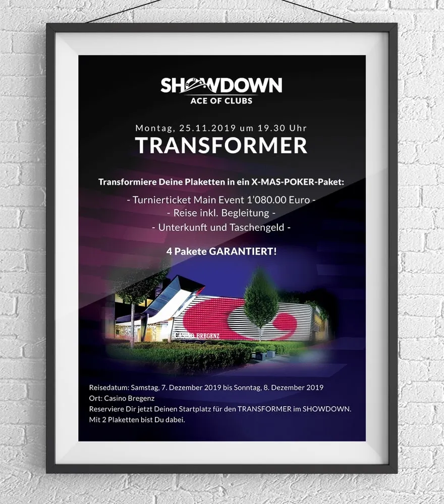 Framed Transformer poster from November 2019: plaquettes turned into a tournament package at Casino Bregenz, "4 Pakete garantiert", entry with 2 plaquettes.