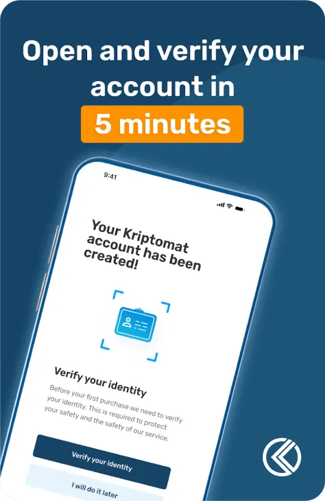 App Store screen: "Open and verify your account in 5 minutes" with the identity verification step.