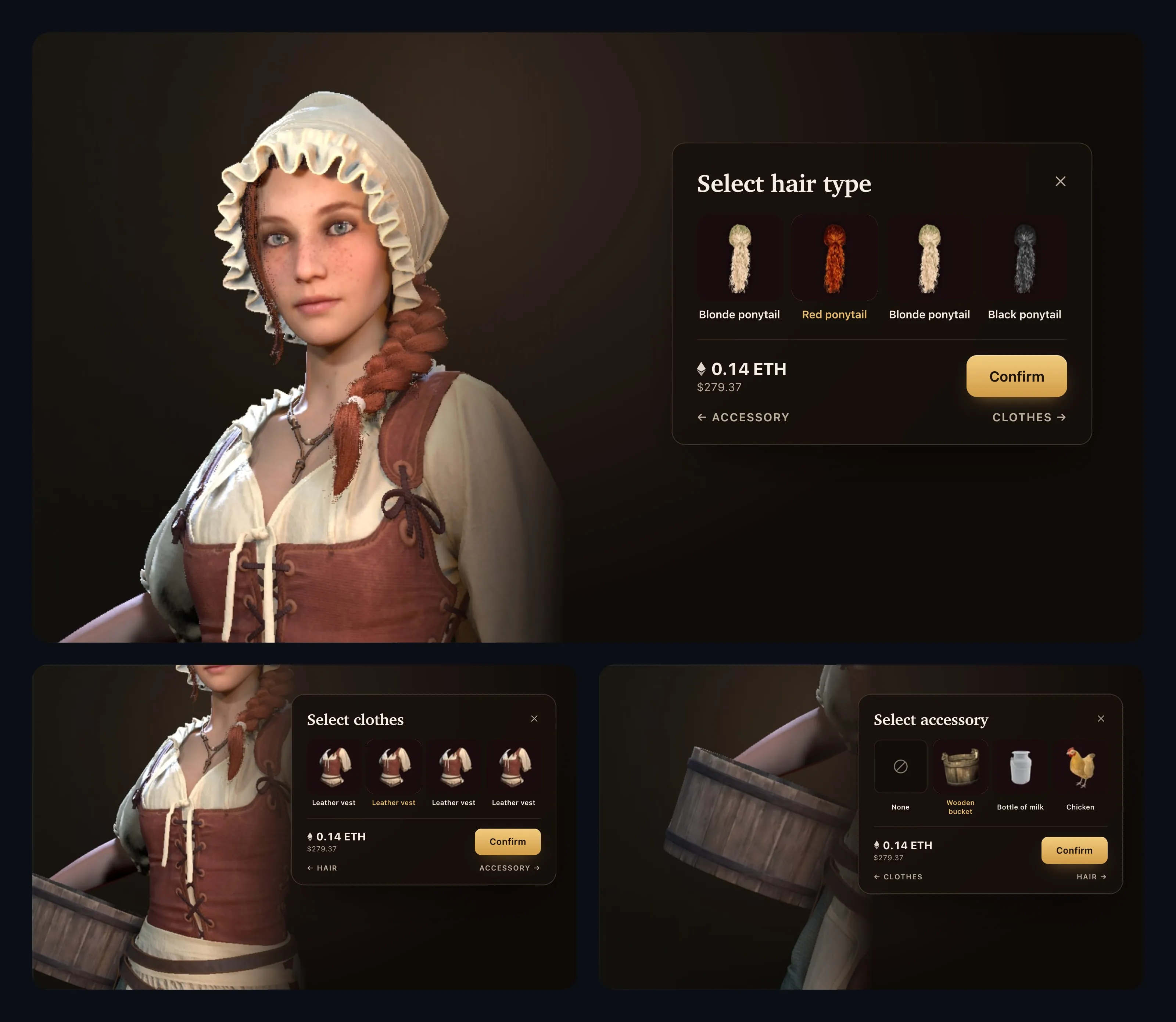 Three hero store screens: choosing a hair type with the camera on the face and braid, choosing clothes with the camera on the torso, and choosing an accessory with the camera on the waist and a wooden bucket. Each shows four options, a price of 0.14 ETH with its dollar value and a Confirm button.