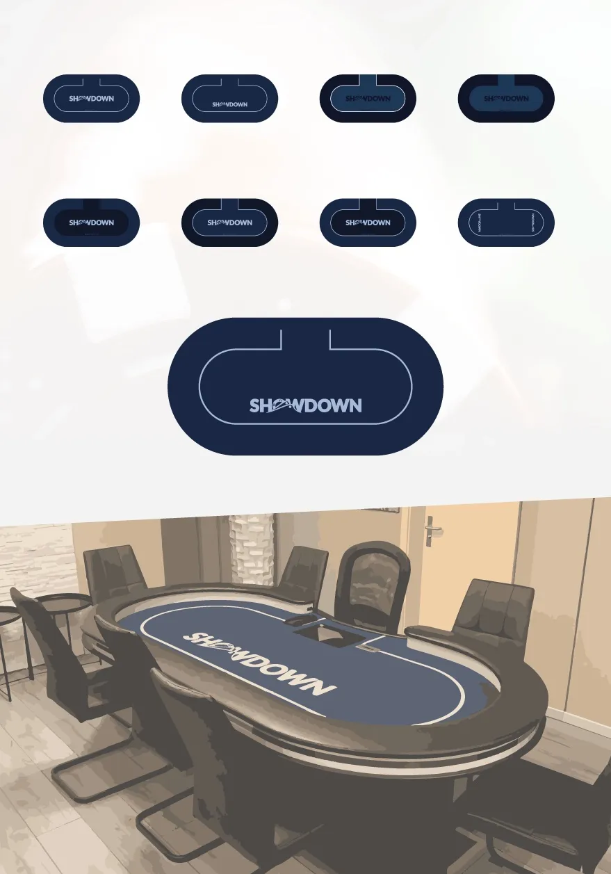 The Showdown table felt in eight variants, the chosen design, and the felt on the club’s table.