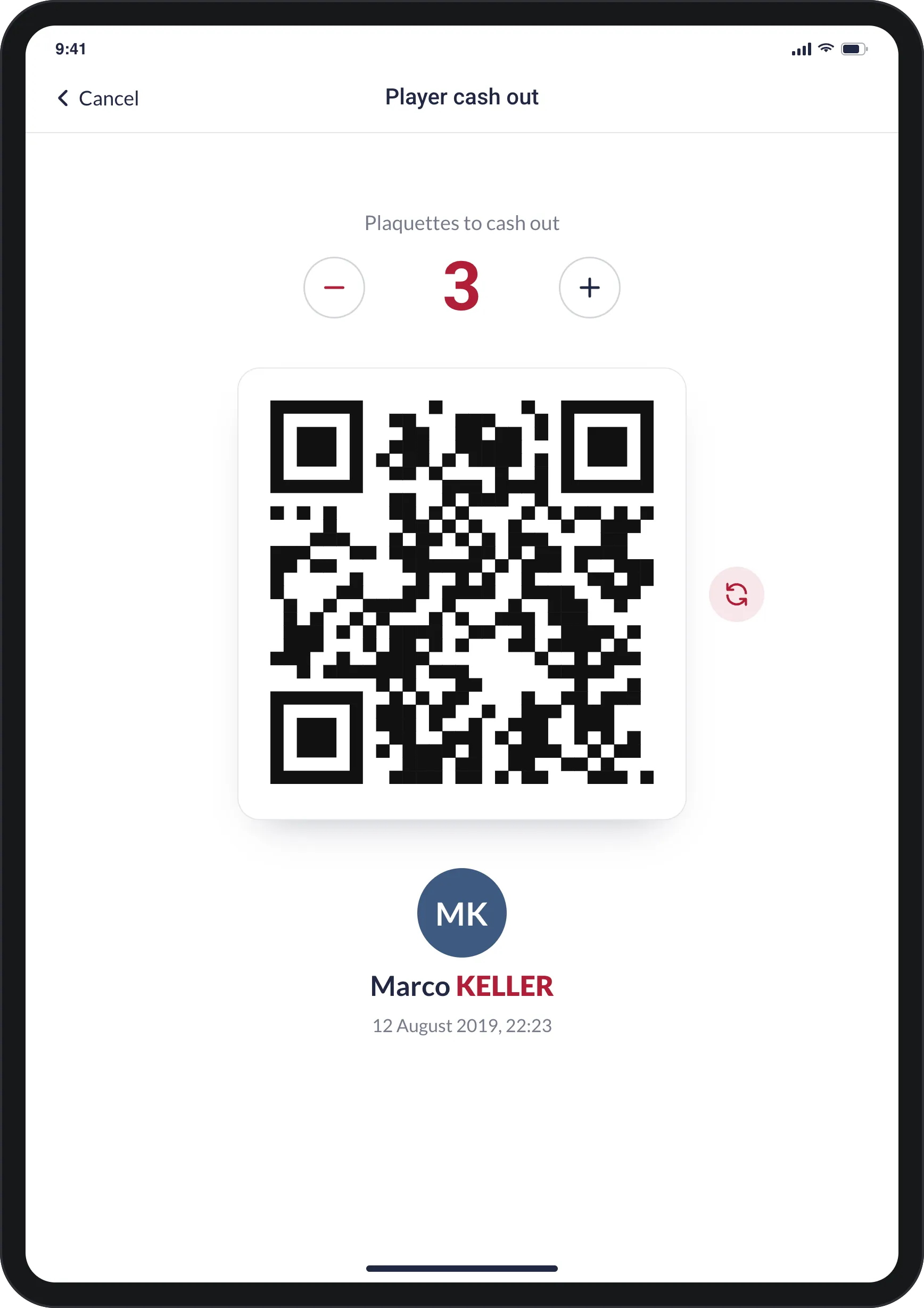 Tablet cash-out screen: "Plaquettes to cash out" set to 3 with minus and plus, a large QR code with a refresh button, and Marco Keller with 12 August 2019, 22:23.