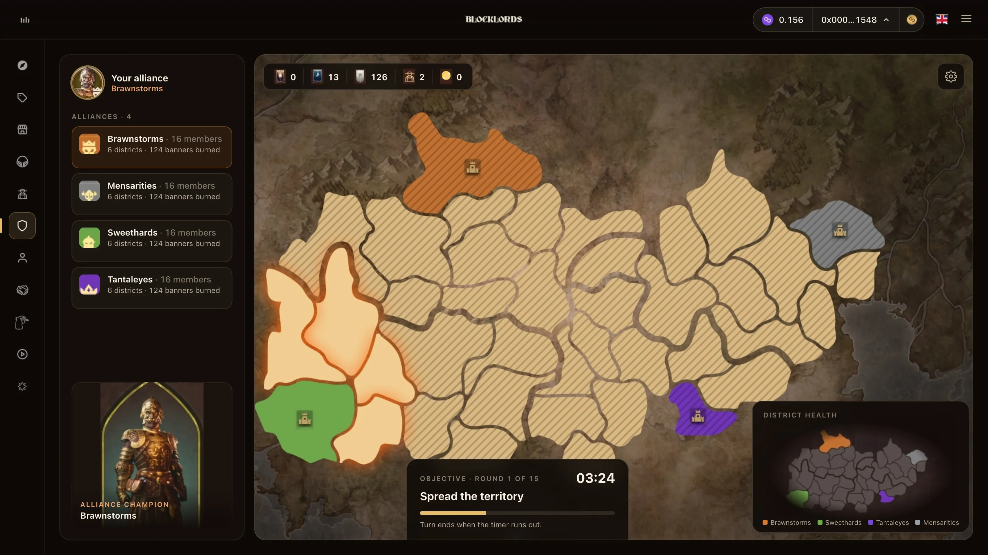 Alliance territory map: four alliances with members, districts and banners burned on the left, a hatched map of districts, resource counts, the round objective with a timer, and a district health minimap.