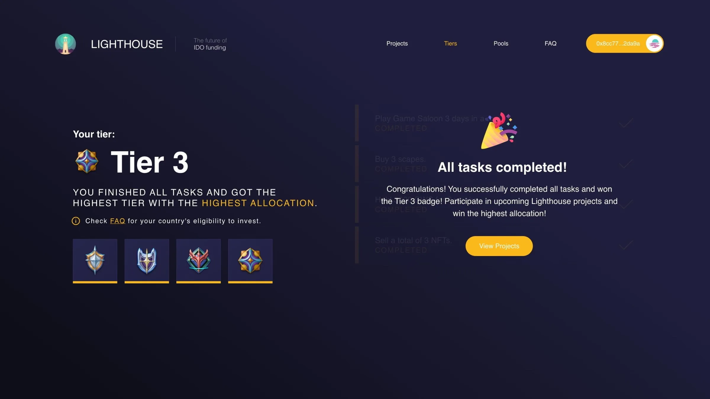 Tier 3 page with every task completed and a message that the investor qualifies for the highest allocation.