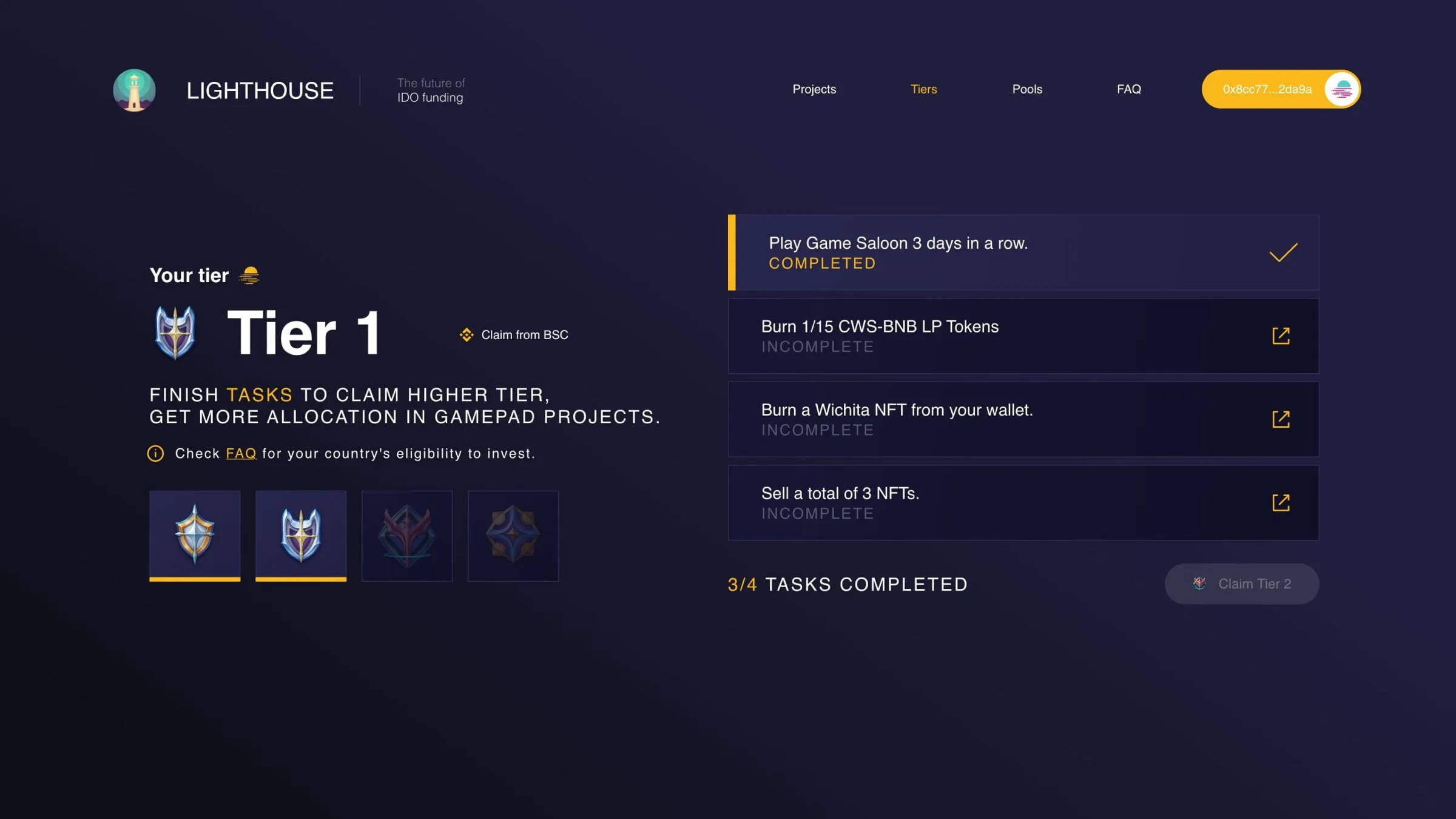 Tier 1 page: four tasks, playing Game Saloon three days in a row completed, burning LP tokens, burning a Wichita NFT and selling three NFTs incomplete, each with a link, and Claim Tier 2 greyed out.