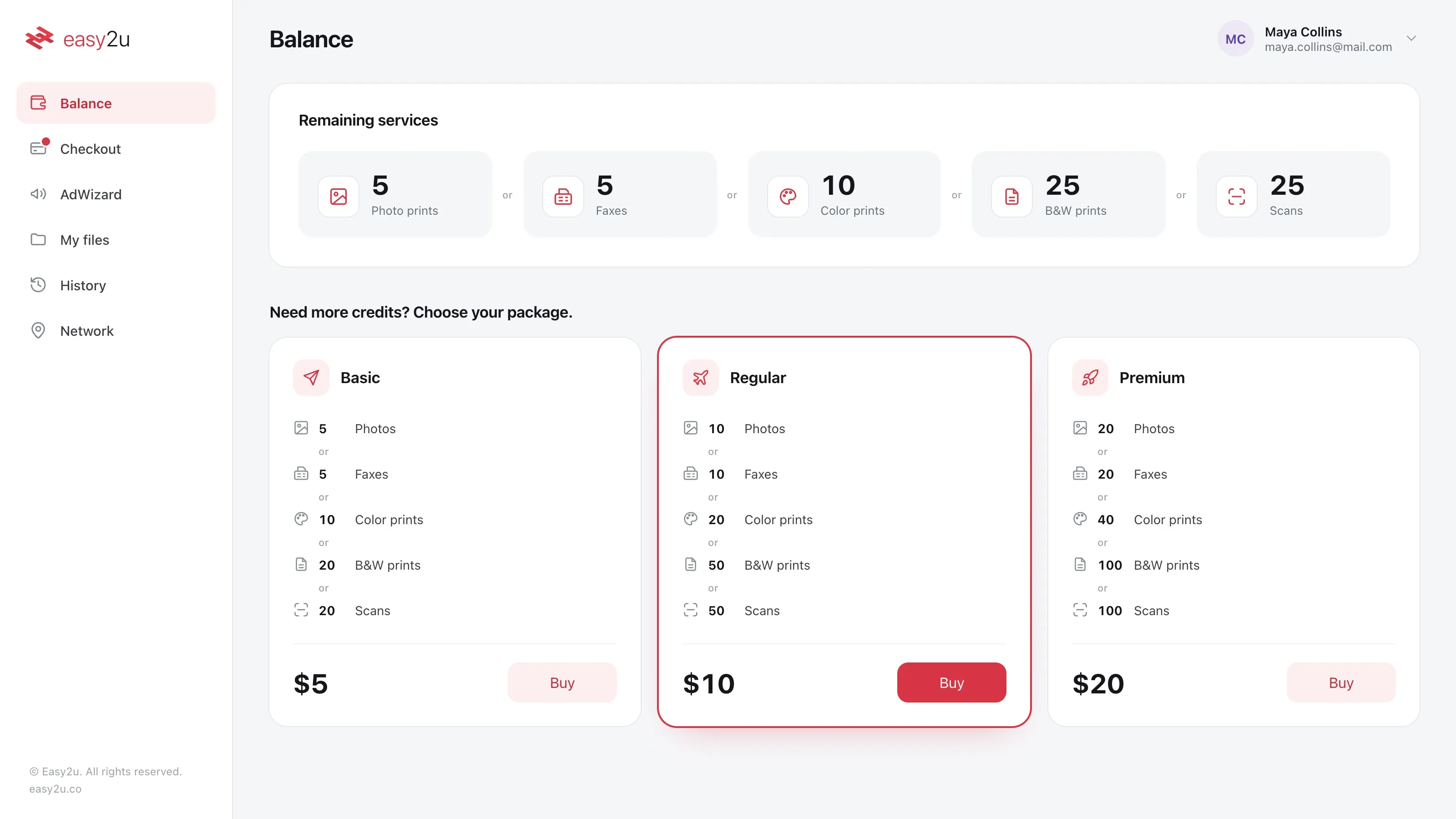 Web Balance page: remaining services as five numbers joined by "or", with Basic, Regular and Premium packages below in the same units.