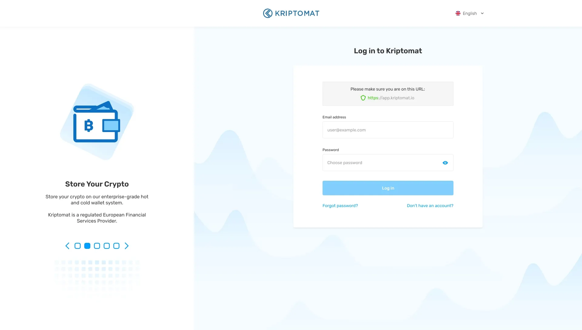 Web app sign-in: a note to check the address app.kriptomat.io with a padlock, email and password fields, and a panel about storing crypto with a regulated European provider.