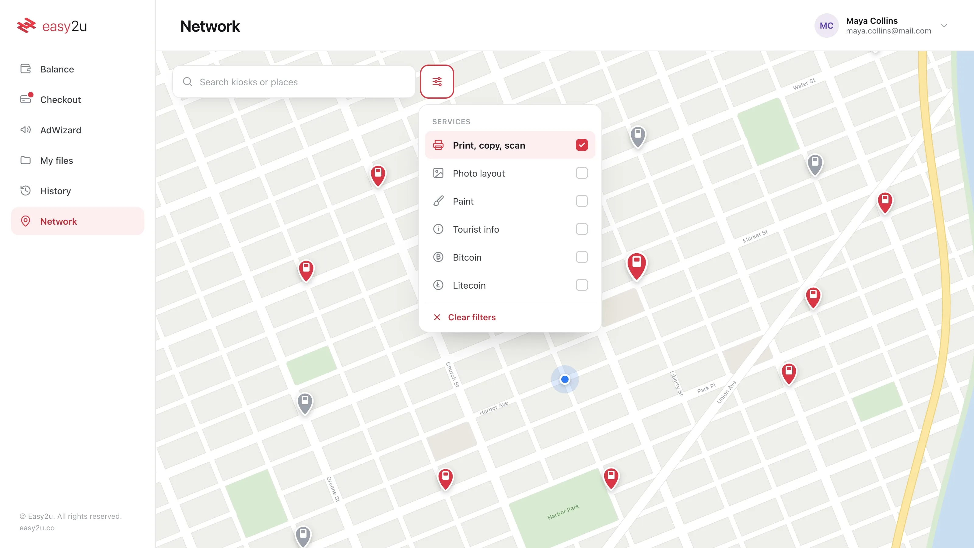 Easy2u network map with the service filter open: print, copy and scan (selected), photo layout, paint, tourist info, Bitcoin and Litecoin.