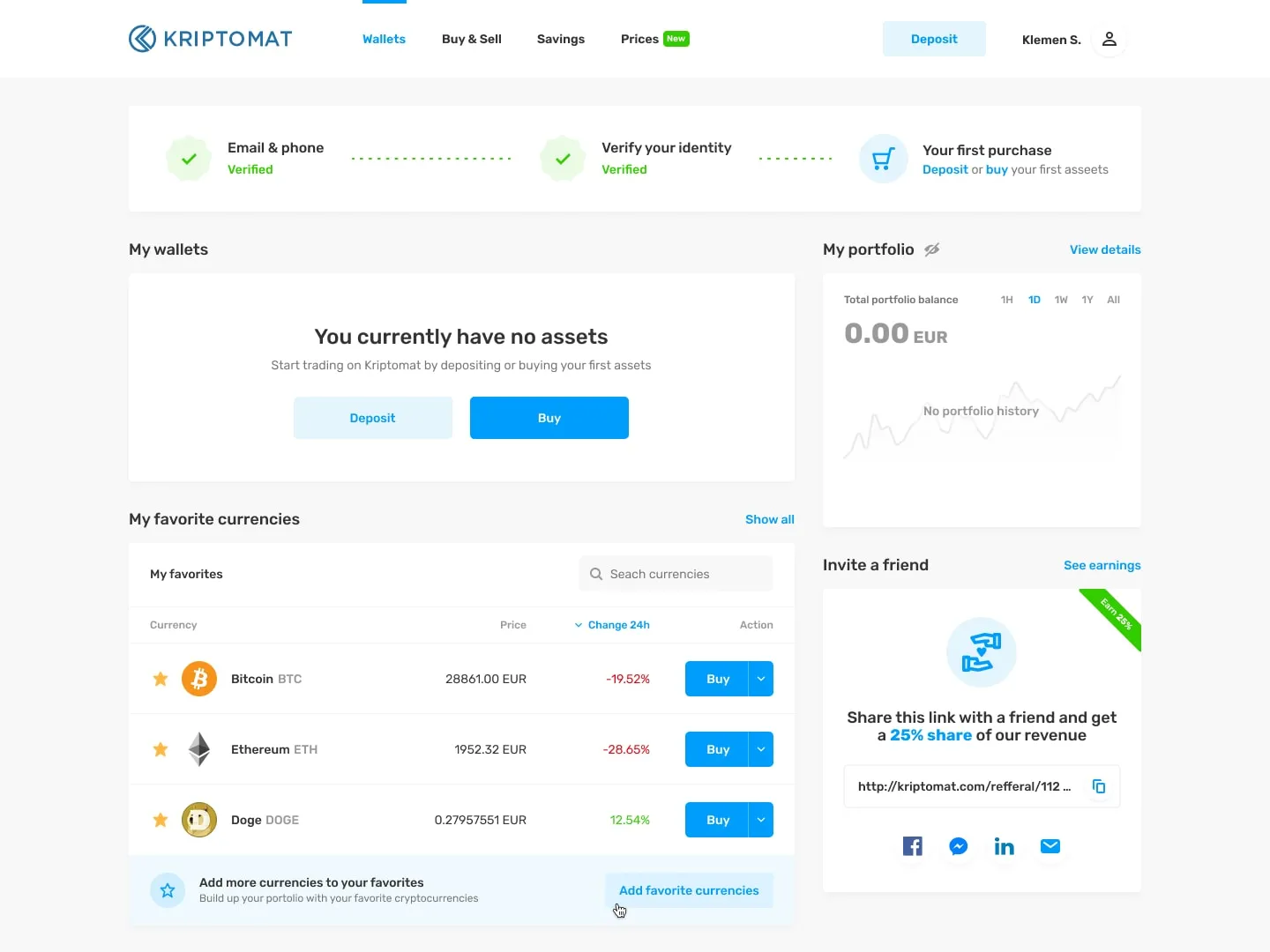 Web app wallets with no assets: a compact progress strip, “You currently have no assets” with Deposit and Buy, favourite currencies with Buy buttons, and an empty portfolio chart.