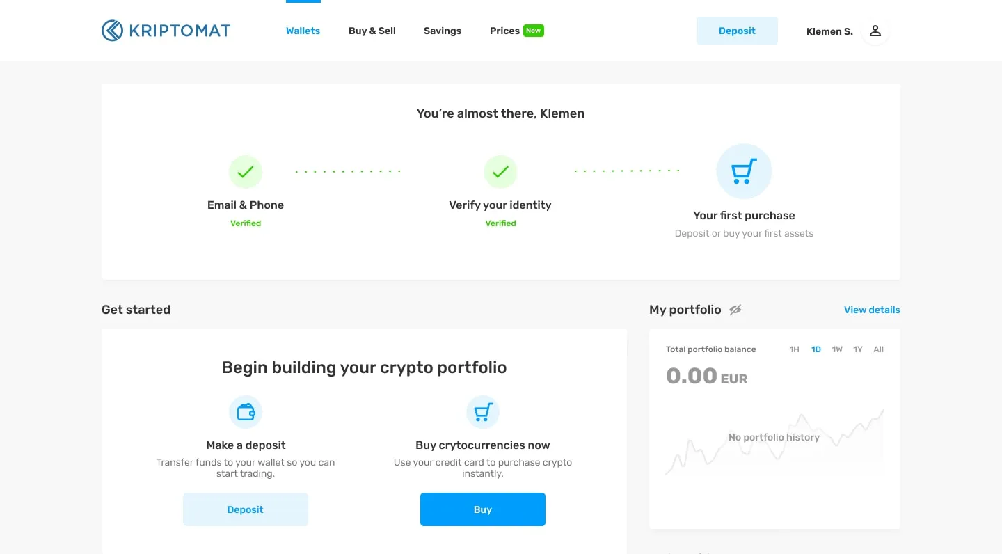Web app home: "You’re almost there, Klemen", email and phone verified, identity verified, first purchase next, and a Get started card with Deposit and Buy.