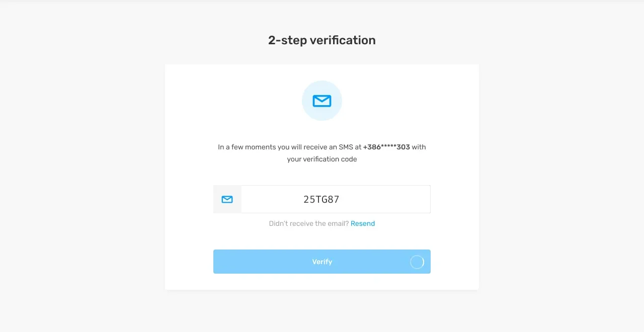 Two-step verification: a code sent by SMS to a masked phone number, a code field and Verify.